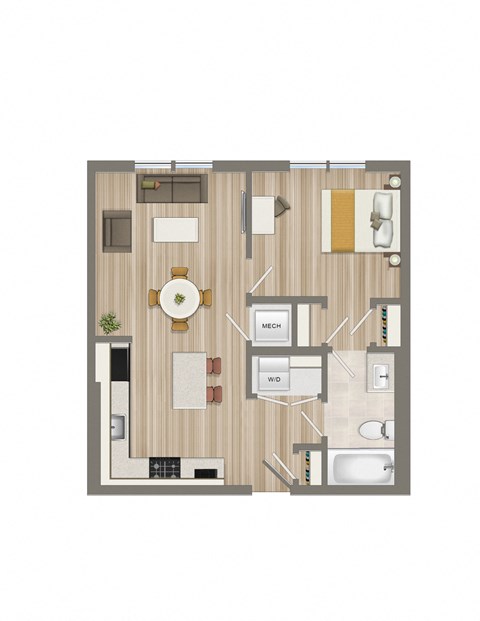 Floor plan for 1 bed, 1 bath, 544 sqft